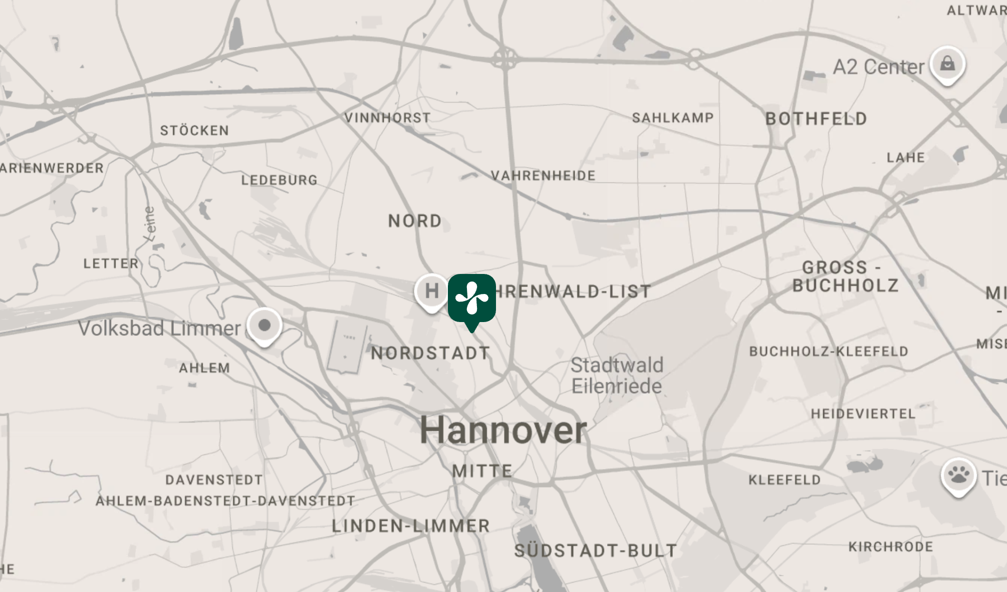 Karte von Hannover mit der Kennzeichnung des Ärztezentrum Nordstadt - Bodenstraße 2-6 Karte von Hannover mit der Kennzeichnung des Ärztezentrum Nordstadt - Bodenstraße 2-6